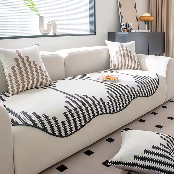 Modern Chevron Stripes Chenille Couch Cover with Wavy Edges