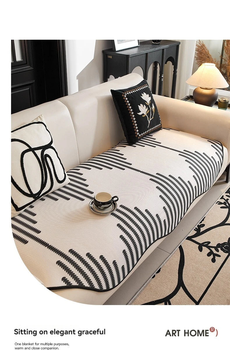 Modern Chevron Stripes Chenille Couch Cover with Wavy Edges