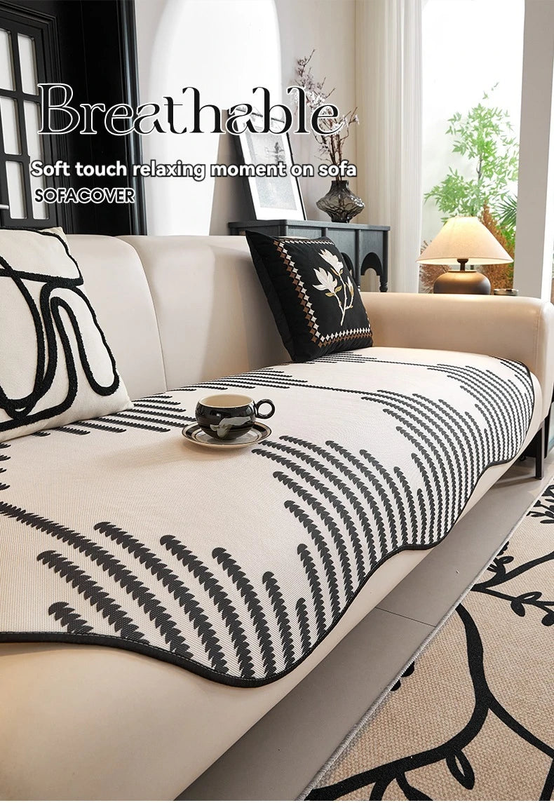 Modern Chevron Stripes Chenille Couch Cover with Wavy Edges