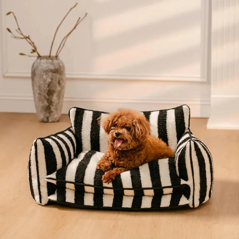 Trendy Striped Faux Lambswool Double Layer Dog & Cat Sofa Bed