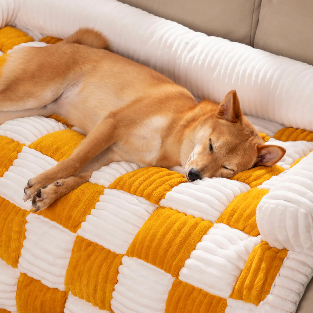 Cream Square Plaid Cozy Dog Mat Furniture Protector Cover