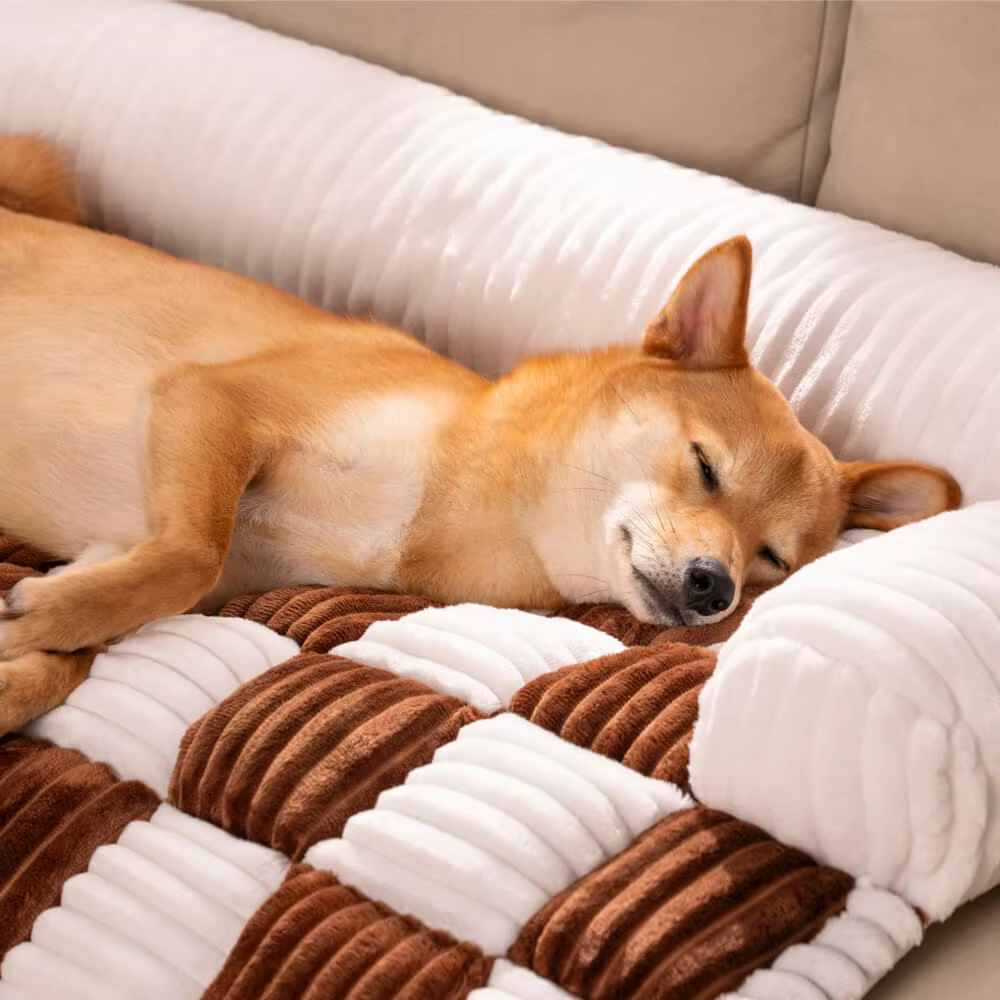 Cream Square Plaid Cozy Dog Mat Furniture Protector Cover