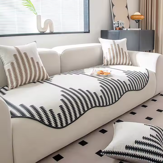 Modern Chevron Stripes Chenille Couch Cover with Wavy Edges