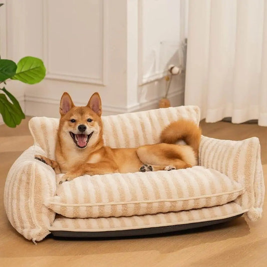 Trendy gestreiftes Doppelschicht-Schlafsofa aus Kunstlammwolle für Hunde und Katzen