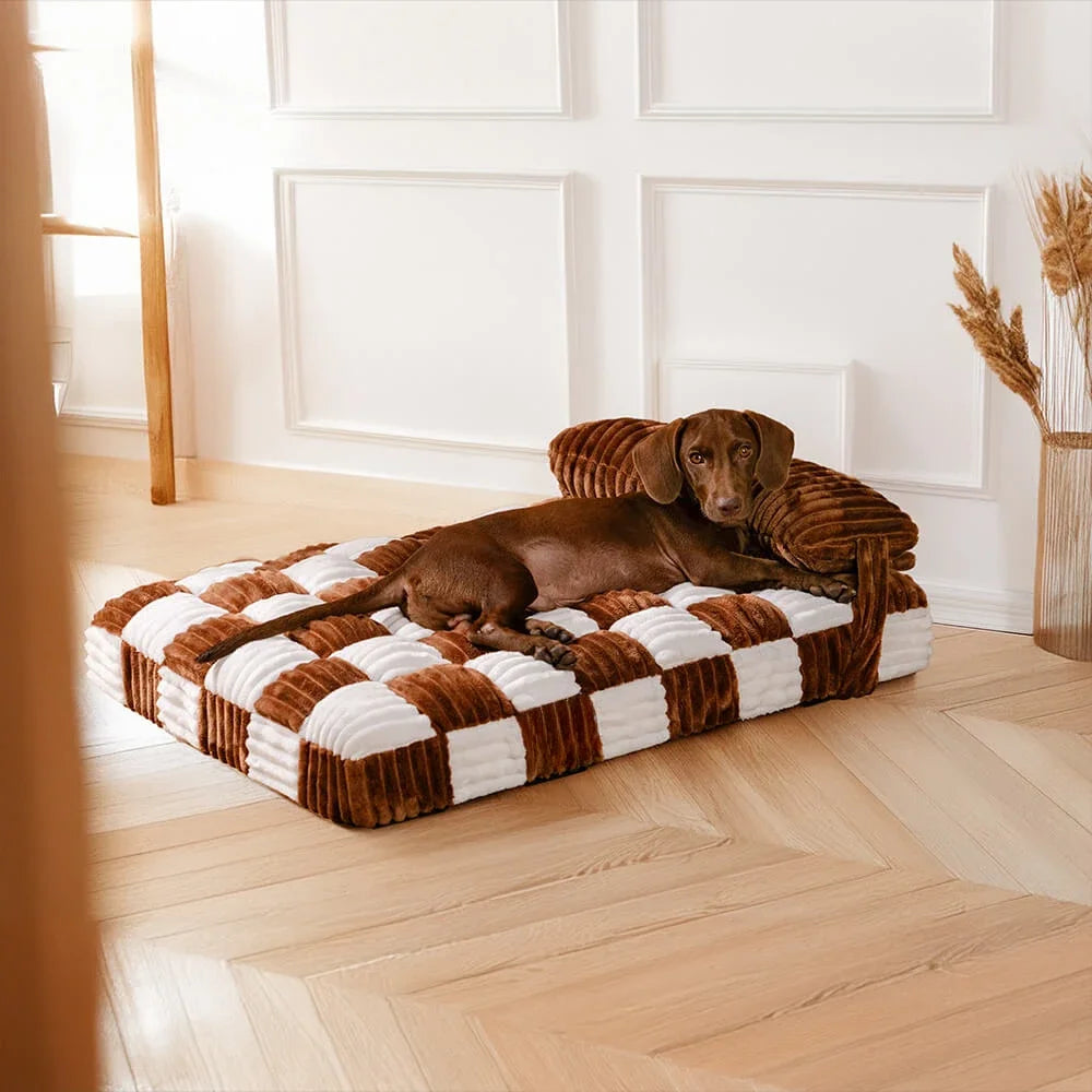 Handmade Plush Chessboard Orthopedic Support Dog Bed with Pillow
