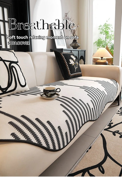 Modern Chevron Stripes Chenille Couch Cover with Wavy Edges
