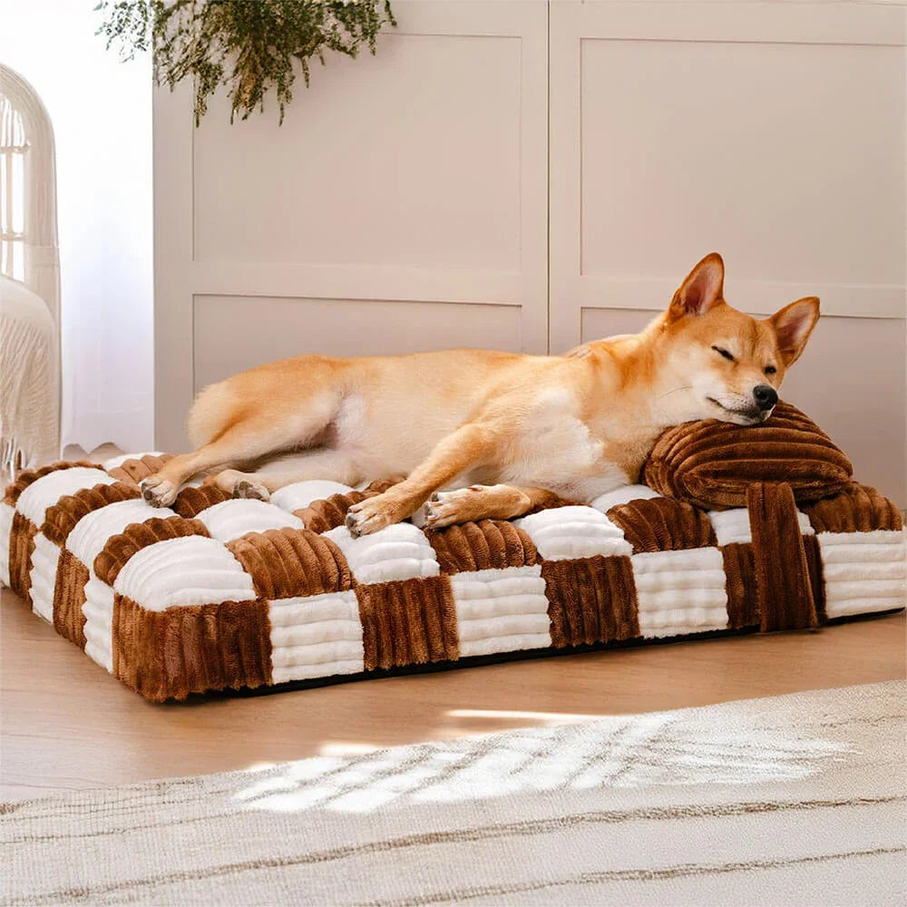 Handmade Plush Chessboard Orthopedic Support Dog Bed with Pillow