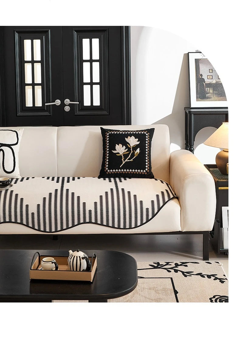 Modern Chevron Stripes Chenille Couch Cover with Wavy Edges