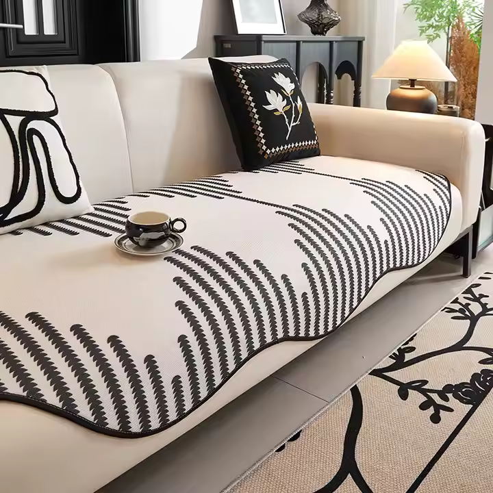 Modern Chevron Stripes Chenille Couch Cover with Wavy Edges